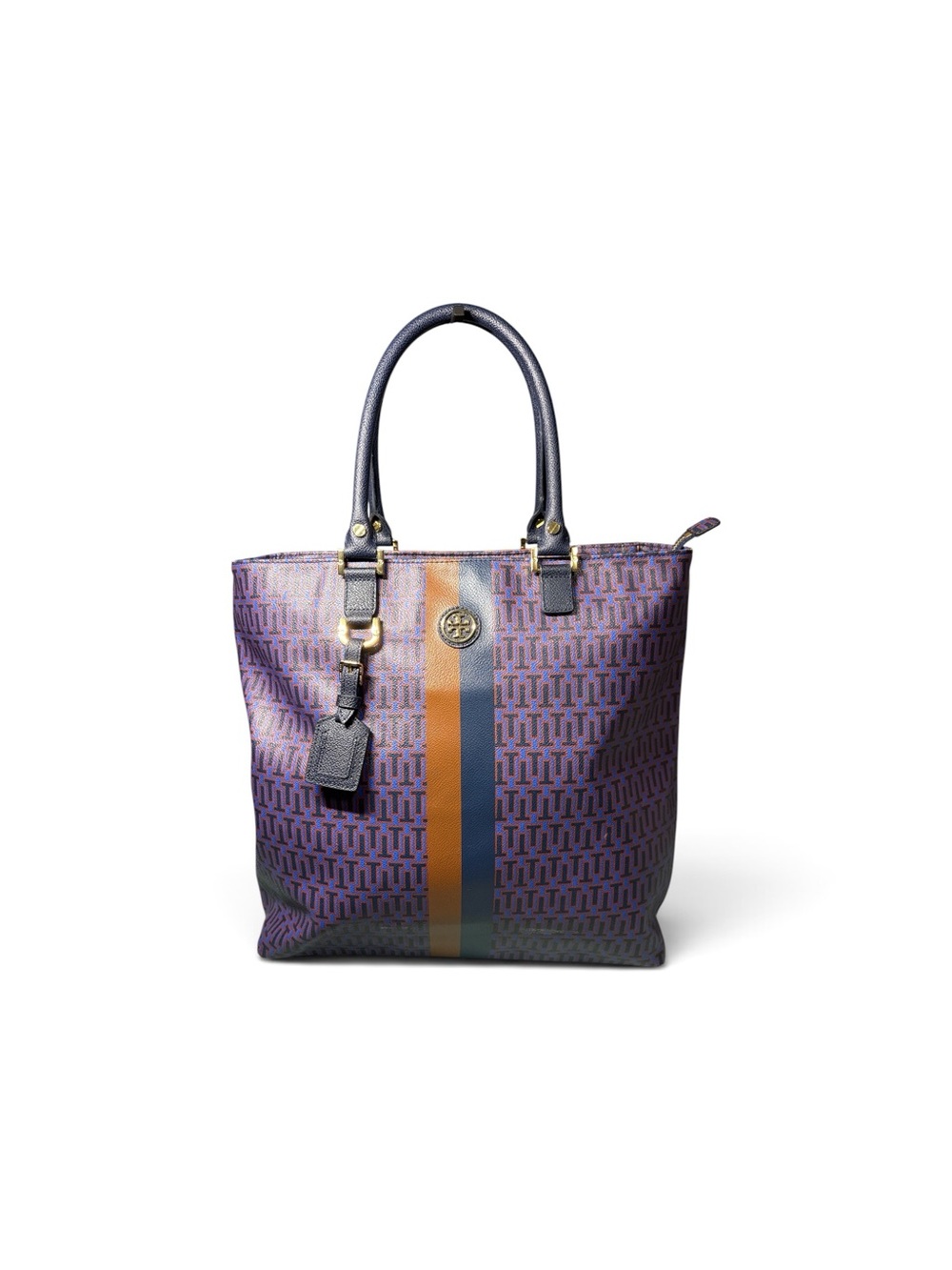 Tory Burch Gemini Link Coated Canvas Zip Tote Bag Blue Brown Stripe Luggage Tag